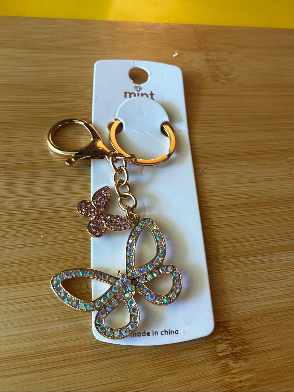 Mint Gold-Tone Butterfly Keychain with Pink Crystals